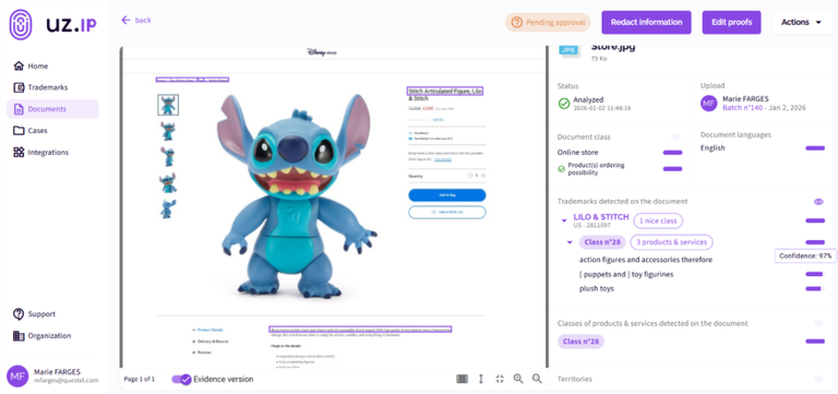 Screenshot, trademark proof of use requirements, goods and services, UZ.IP platform