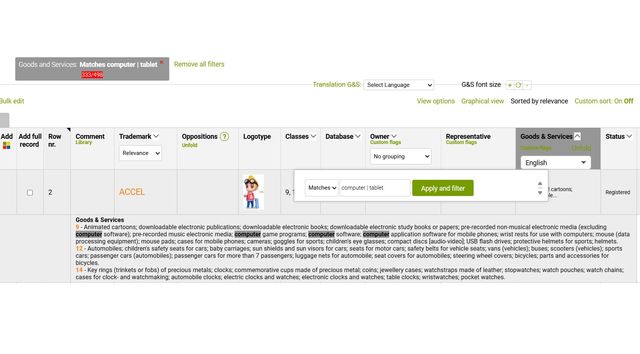 Goods and Services filter for ProSearch