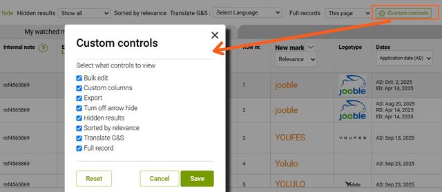 “Custom Controls” for tailoring your Trademark Watch workspace